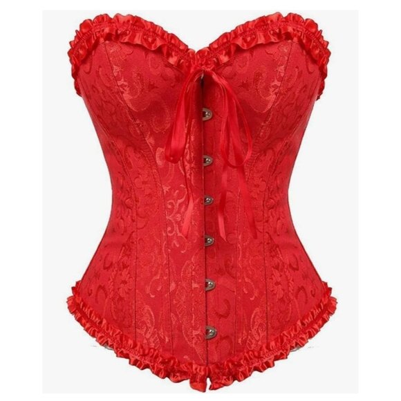 Red Lace-Up Corset Top With Ruffles & Front Buttons EVAbaby Size 4XL - Picture 2 of 7